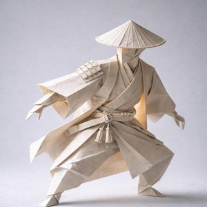 Könnte beinhalten: Detaillierte Origami-Skulptur eines Samurai-Kriegers in dynamischer Pose. Die Figur besteht aus beigem Papier und zeigt einen traditionellen Hut, Rüstung und fließende Gewänder. Der Samurai befindet sich in einer Kampfhaltung.