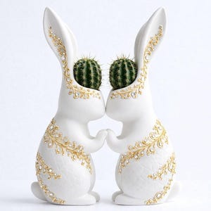 Puede incluir: Dos macetas de cerámica blanca con forma de conejos tomados de la mano, cada una con un cactus verde en lugar de cabeza. Los conejos están decorados con filigrana dorada y pedrería.