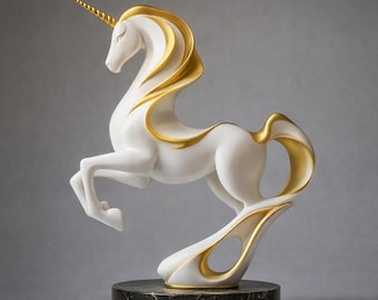 May include: A white unicorn figurine with gold accents on its mane, tail, and horn. The unicorn is depicted in a rearing pose, mounted on a circular black marble base with gold trim. The sculpture features smooth, flowing lines throughout.