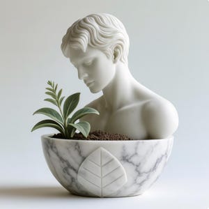 Può includere: Un vaso di fiori in marmo bianco a forma di busto di una persona, con una base a forma di ciotola e un motivo a foglia. Contiene terra e una piccola pianta verde. Il busto guarda in basso.