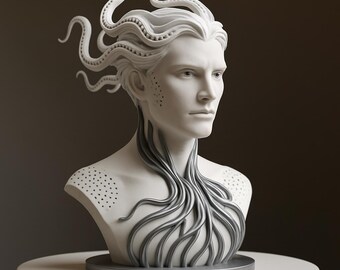 May include: A white bust sculpture of a person with stylized hair and tentacles. The sculpture has a serene expression and a detailed design, with gray tentacles extending from the neck and hair.