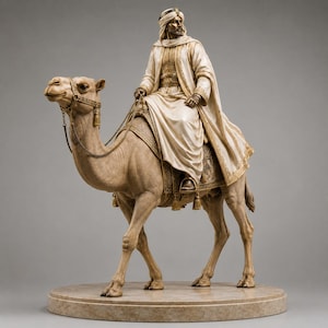 Può includere: Una scultura dettagliata di una figura che indossa un copricapo tradizionale e vesti fluenti, seduta sopra un cammello. La figura e il cammello sono resi in tonalità crema, beige e oro, con trame complesse sulla sella e sull'abbigliamento.