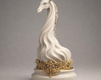May include: A white giraffe sculpture with an elegant, flowing design. The giraffe's neck and body are sculpted with wavy lines, and it has a gold-colored decorative base. The sculpture is a decorative item.