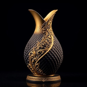 Op de afbeelding: Een decoratieve vaas met een zwart, ruitvormig lichaam en gouden accenten. De vaas heeft een gouden rand en een gouden, sierlijk bloemenontwerp dat langs de zijkant loopt. De basis is ook goud met een decoratieve rand. De achtergrond is zwart.
