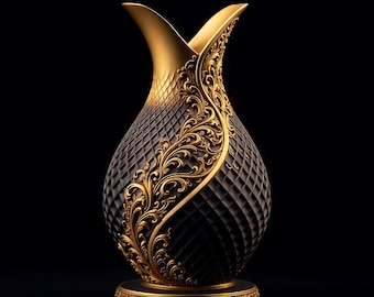 Op de afbeelding: Een decoratieve vaas met een zwart, ruitvormig lichaam en gouden accenten. De vaas heeft een gouden rand en een gouden, sierlijk bloemenontwerp dat langs de zijkant loopt. De basis is ook goud met een decoratieve rand. De achtergrond is zwart.