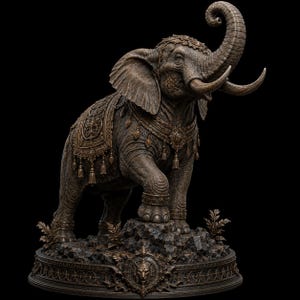 Royal Bronze Elephant Sculpture | Ornate Indian Ceremonial Tusker on Rock Base | Premium Wildlife Statue | 3D STL Digital Download