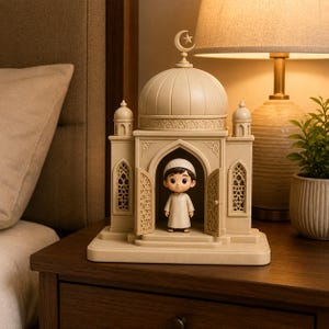 Puede incluir: Una estructura decorativa beige con forma de mezquita, con una cúpula central rematada por una media luna y una estrella. Dentro del arco de la entrada se encuentra una pequeña figura de un niño con una túnica blanca y un gorro blanco.