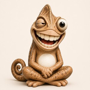 May include: A tan chameleon figurine with a textured, bumpy skin surface, sitting in a cross-legged position. The creature features a wide, toothy grin, one squinting eye, and one large, wide-open eye, with a curled tail extending to the side.