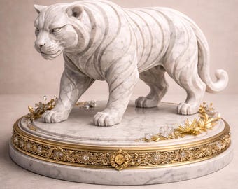 May include: A detailed marble sculpture of a white tiger in a walking pose. The tiger is on a round marble base with gold filigree and crystal accents. The sculpture is a decorative item.