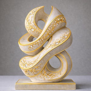 May include: An abstract sculpture in a swirling, intertwined design. The off-white piece features gold trim and is adorned with sparkling crystals. The sculpture sits on a matching rectangular base, creating a luxurious decorative accent.