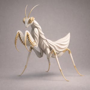 Può includere: Una scultura dettagliata di una mantide religiosa. L'insetto è principalmente bianco con accenti dorati sulla testa, sulle zampe e sugli artigli. La mantide è posizionata in una posa dinamica, mostrando il suo design intricato e la sua forma elegante.