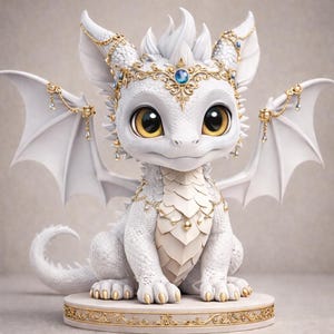 Könnte beinhalten: Eine weiße Fantasy-Drachenfigur mit großen, ausdrucksstarken Augen und goldenen Akzenten. Der Drache ist mit einer goldenen Krone und Schmuck verziert und sitzt auf einem dekorativen runden Sockel. Die Flügel sind ausgebreitet, und das Design ist skurril.