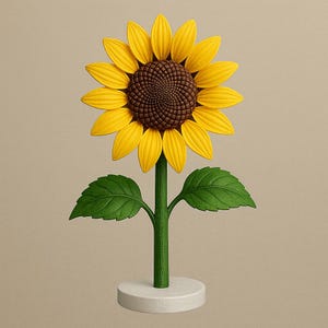 May include: A decorative sunflower sculpture with bright yellow petals, a brown center, and green stem and leaves. The sunflower is mounted on a small, round, white base. The sculpture is a vibrant, three-dimensional representation of the flower.