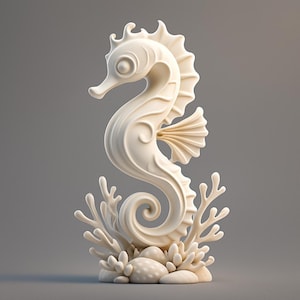 Könnte beinhalten: Eine cremefarbene Seepferdchen-Skulptur mit detailliertem, strukturiertem Design. Das Seepferdchen ist in einer gebogenen, aufrechten Position dargestellt, mit einem eingerollten Schwanz und einer markanten Rückenflosse. Die Skulptur steht auf einem Sockel mit Korallen und kleinen Steinen.