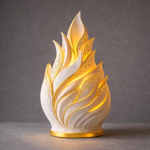 Puede incluir: Una escultura decorativa e iluminada con forma de llama estilizada. El exterior blanco crema presenta detalles dorados y patrones intrincados. El interior emite una luz cálida y acogedora, creando un ambiente suave. La base es una banda dorada.