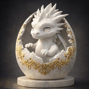 Könnte beinhalten: Eine weiße Drachenfigur, die aus einem zerbrochenen Ei schlüpft. Das Ei ist mit goldenen Verzierungen versehen und steht auf einem kreisförmigen Sockel. Der Drache hat einen stacheligen Kamm und detaillierte Schuppen, mit einem ruhigen Ausdruck.