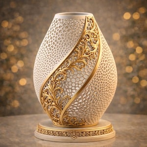 May include: A decorative white vase with a gold filigree design. The vase has a textured, perforated surface and a gold band that wraps around the body. It sits on a round, cream-colored base with gold trim.