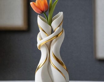 Modern Twisted Vase STL | Elegant Gold Accent Flower Vase | Home Decor 3D Print Model | Easy Print File | Instant Digital Download