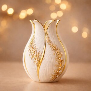 May include: A cream-colored decorative vase with a tulip-like shape. The vase features gold accents and a detailed floral design with embedded crystals. The design is symmetrical, with gold lines outlining the petals.