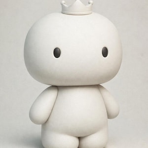 Pode incluir: Uma figura branca e arredondada com uma pequena coroa na cabeça. A figura tem uma textura suave, olhos ovais pretos e braços e pernas arredondados. O design é minimalista e caprichoso, sugerindo um item decorativo ou um brinquedo.