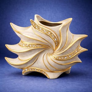 May include: A decorative, off-white ceramic vase with a spiral design. The vase features gold trim and is embellished with small, sparkling crystals. The vase has a unique, star-like shape and sits on a blue background.