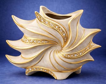 Luxury Swirl Ceramic Vase with Gold & Crystal Detail | Sculptural Wave Design | Elegant Home Decor | 3D STL Digital Download