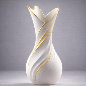 Puede incluir: Un jarrón de cerámica blanco con un diseño único y fluido. El jarrón presenta una forma en espiral con detalles dorados que resaltan las curvas. La parte superior del jarrón tiene una abertura en forma de pétalo. Una pieza decorativa para el hogar.