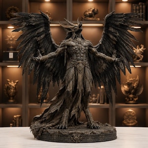 May include: A dark, textured statue of a winged, horned creature with a muscular humanoid torso and animalistic legs. The figure stands with arms outstretched, large feathered wings extended, and head tilted upward, mounted on a circular base.