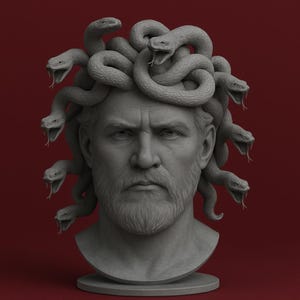 Può includere: Una scultura grigia della testa di un uomo con la barba e una corona di serpenti. La scultura è ambientata su uno sfondo rosso scuro. I serpenti hanno la bocca aperta e sono posizionati intorno alla testa.