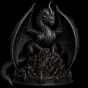 May include: A dark charcoal gray dragon statue perched on a jagged, rocky base. The dragon features intricate, layered scales, large spread wings with visible membrane textures, sharp talons, and a long, curved tail wrapping around the base.