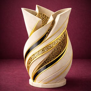May include: A decorative cream-colored vase with gold and black accents. The vase has a unique, swirling design with gold trim, black stripes, and intricate gold lattice patterns. The vase is approximately 12 inches tall.