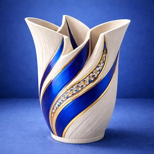 May include: A decorative ceramic vase with a cream-colored exterior and a unique petal-like design. The vase features bold blue stripes accented with gold trim and a band of sparkling embellishments. The vase is a stylish home decor item.