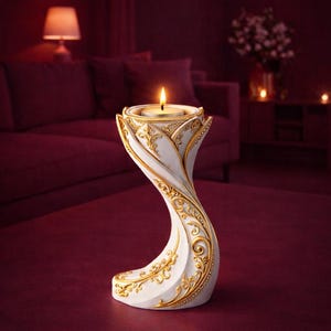 Pode incluir: Um castiçal decorativo branco e dourado com uma vela acesa. O suporte tem um design curvo com detalhes dourados. O castiçal está sobre uma superfície vermelha escura.