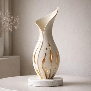 Könnte beinhalten: Eine cremefarbene dekorative Vase mit goldenen Akzenten. Die Vase hat eine einzigartige, fließende Form mit einer breiten Öffnung und einer Reihe goldener, blattähnlicher Designs. Sie steht auf einem runden Sockel mit Marmormuster und verleiht jedem Raum Eleganz.