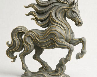 May include: A gray and gold horse statue in a dynamic pose, with flowing mane and tail. The sculpture features intricate wave-like details and is set on a decorative base. The horse is depicted mid-stride, with its front legs raised.