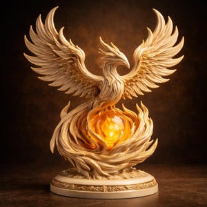 May include: A cream-colored phoenix sculpture with outstretched wings, perched above a glowing orb of light. The detailed statue features a base with a decorative border. The overall design evokes a sense of rebirth and fantasy.