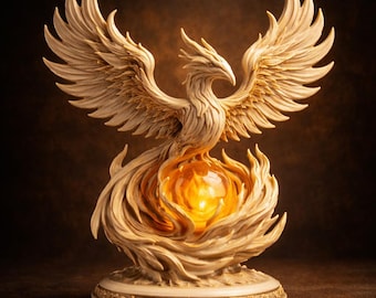 Puede incluir: Una escultura de fénix color crema con las alas extendidas, posada sobre un orbe de luz brillante. La estatua detallada presenta una base con un borde decorativo. El diseño evoca el renacimiento y la fantasía.