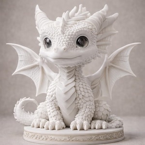 May include: A white dragon figurine with large, expressive eyes and detailed scales. The dragon has horns, wings, and is seated on a decorative base. The sculpture is a fantasy-themed collectible.
