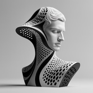 May include: A white bust sculpture of a person with closed eyes, featuring a black and white patterned design that frames the head and shoulders. The sculpture has a modern, abstract aesthetic.