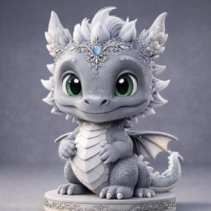 Könnte beinhalten: Eine bezaubernde Drachenfigur im Cartoon-Stil in Grau- und Weißtönen. Der Drache hat große grüne Augen, eine silberne Tiara mit einem blauen Edelstein und weiße Flügel. Er sitzt auf einem dekorativen Sockel, ideal für Fantasy-Enthusiasten.