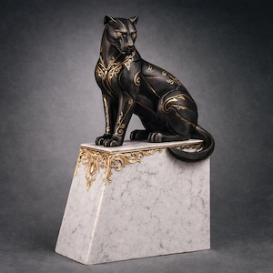 May include: A black panther statue with gold accents, seated atop a marble-like pedestal. The panther's fur is detailed with gold filigree patterns. The pedestal has gold trim. The statue is a decorative item.