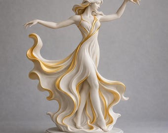 May include: A white and gold statue of a woman in a flowing gown, arms outstretched. The sculpture features intricate details in the dress and hair, with gold accents. The statue is on a round base with a gold trim.