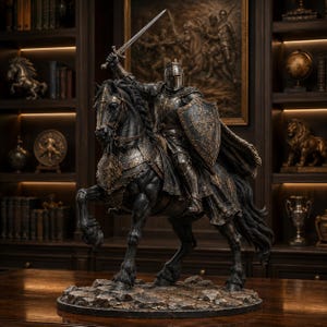 May include: A detailed dark bronze-toned statue of a knight in full plate armor riding a rearing horse. The knight wears a helmet and holds a sword raised high in one hand and a shield with an ornate cross design in the other. The horse wears decorative armor.