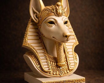 May include: A cream-colored bust of Anubis, the Egyptian god of the afterlife, with gold accents. The sculpture features a canine head with large ears, a detailed headdress, and a decorative collar. It rests on a rectangular base with ornate gold trim.