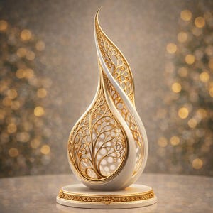 May include: A decorative sculpture featuring a white and gold design. The sculpture has a flowing, organic shape with intricate gold filigree patterns. It sits on a white base with gold trim, creating an elegant and artistic piece.
