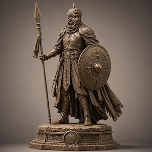 Può includere: Una statua color bronzo di un guerriero con armatura ornata, turbante e copertura per il viso. La figura tiene una lancia alta in una mano e un grande scudo circolare finemente dettagliato nell'altra, posizionata su una base rettangolare.