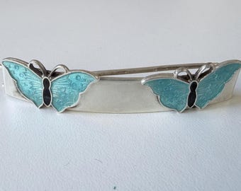 Mid Century Sterling Barrette with Blue Enamel Butterflies