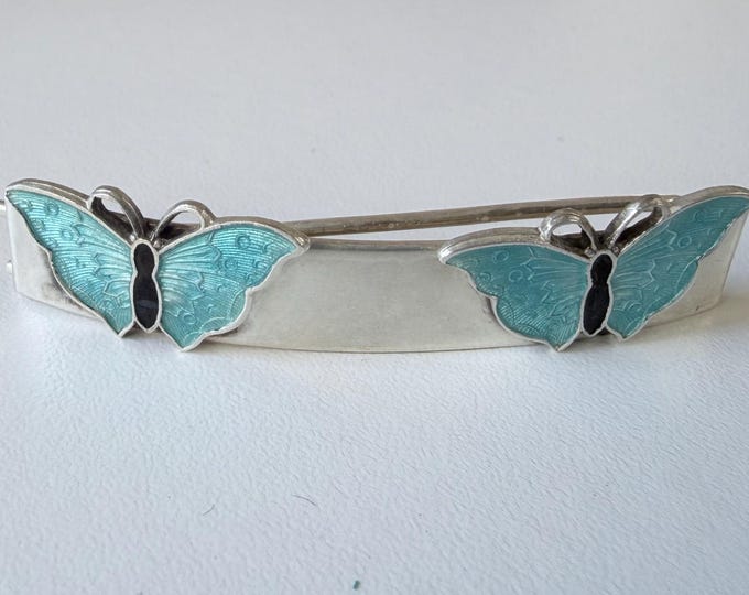 Mid Century Sterling Barrette with Blue Enamel Butterflies