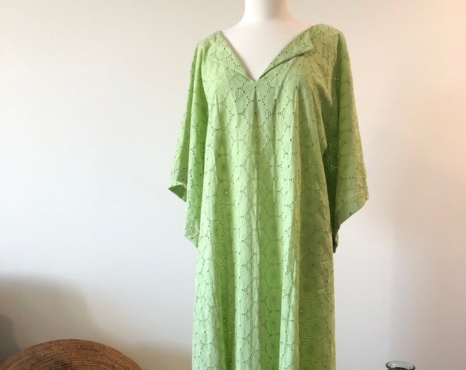 C≈2≈C - The Caftan - Tropical Floral Eyelet Embroidery in Lime Green, One-of-a-kind, Handmade Caftan