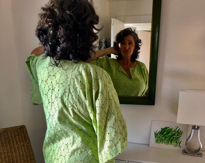 C≈2≈C - The Caftan - Tropical Floral Eyelet Embroidery in Lime Green, One-of-a-kind, Handmade Caftan